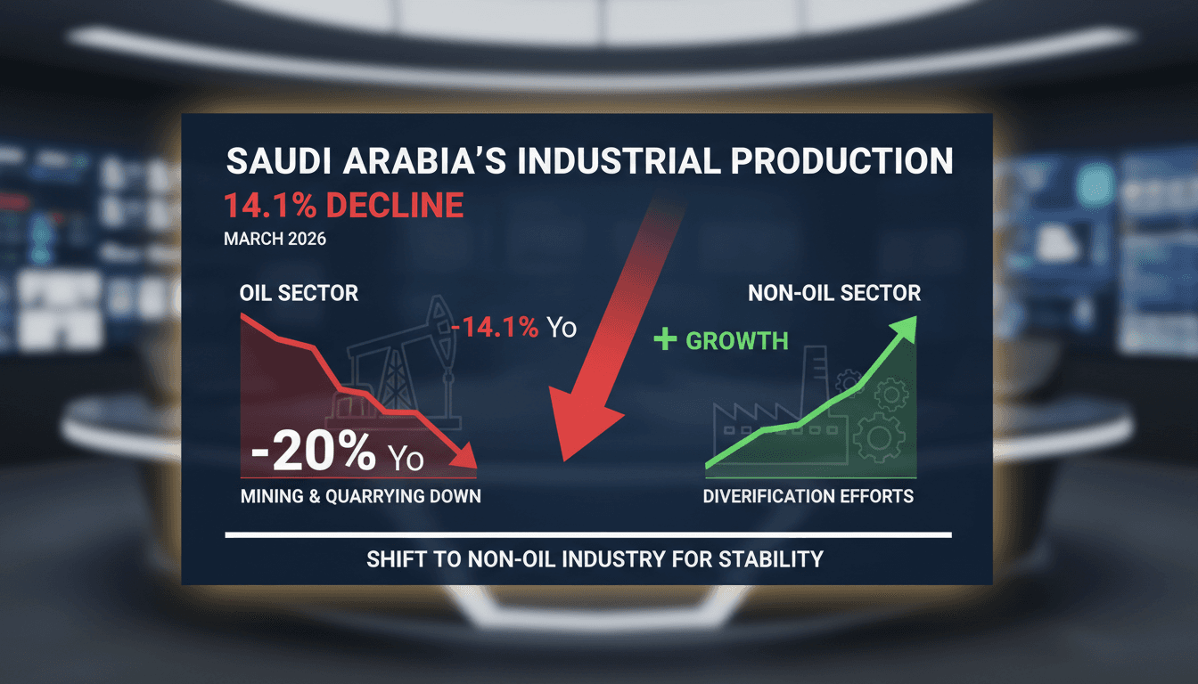 Graph showing decline in Saudi Arabia's industrial production and growth in non-oil sectors.