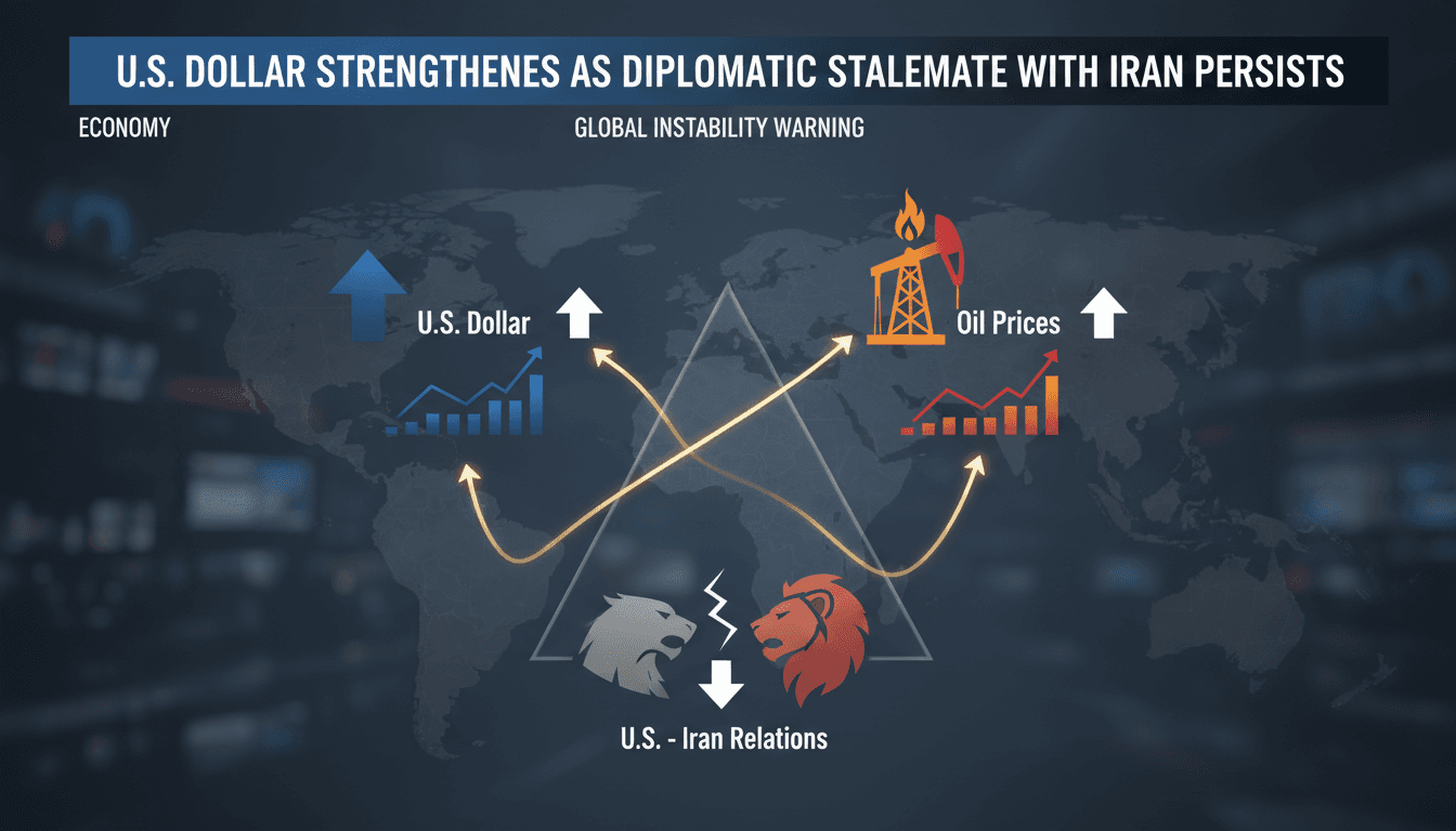 A graphic showing the rise of the U.S. dollar alongside oil price fluctuations due to geopolitical tensions.