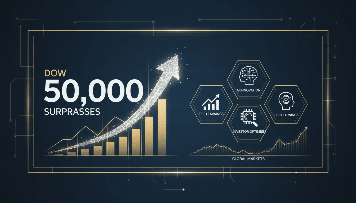 Graph showing the Dow's rise above 50,000 with AI investment highlights.