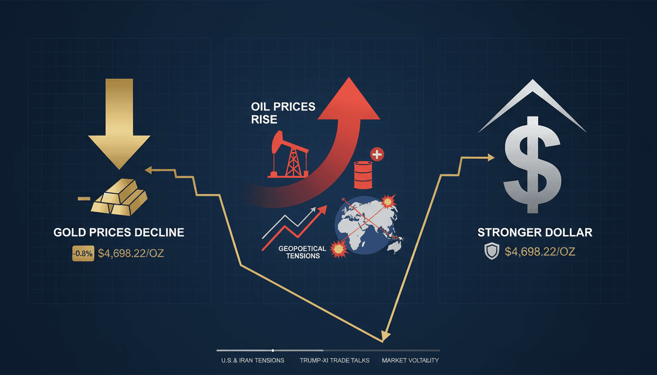 Gold prices decline amid stronger dollar and rising oil prices influenced by geopolitical tensions