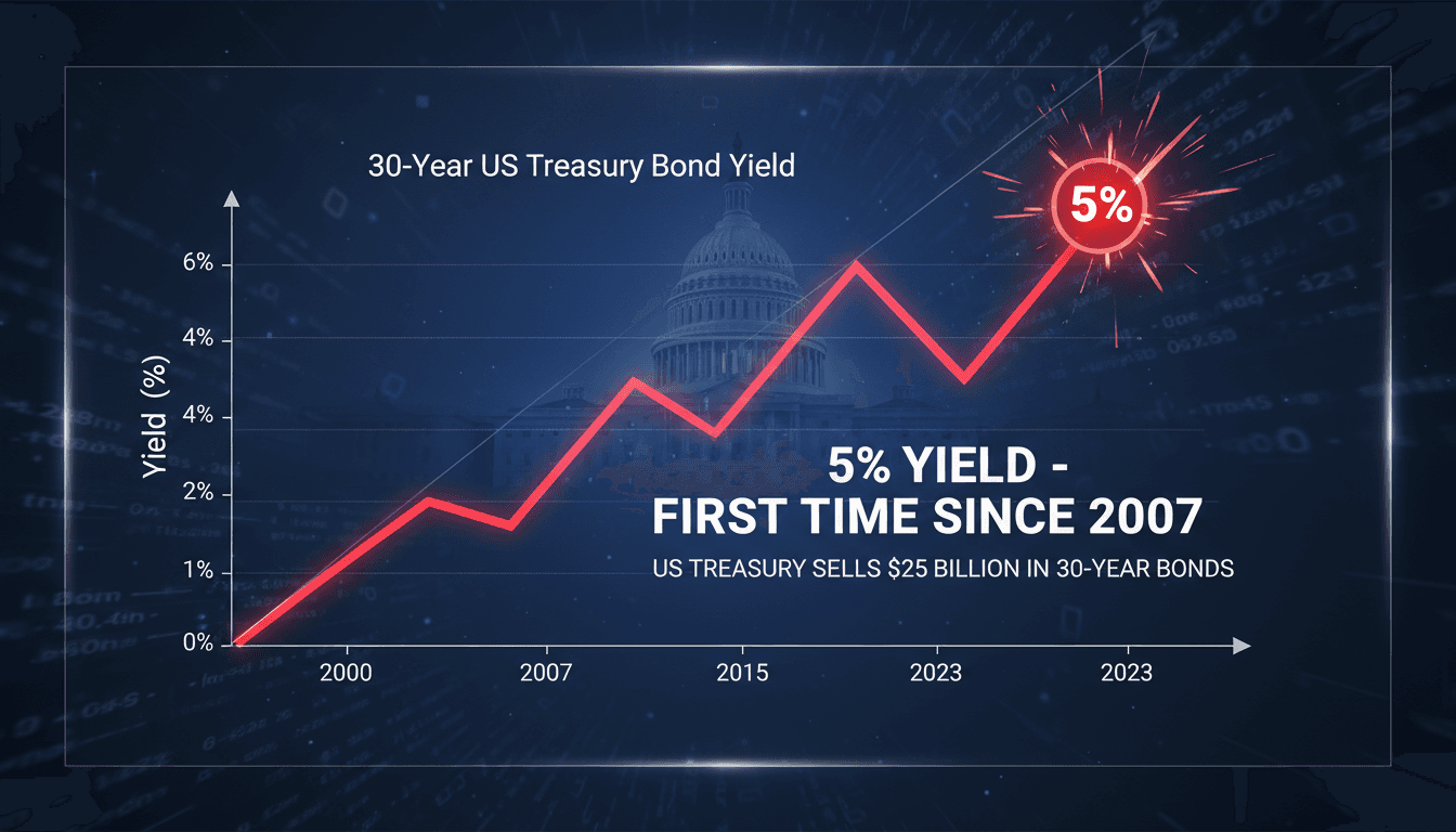 US Treasury sells $25 billion in 30-year bonds at 5% yield for first time since 2007
