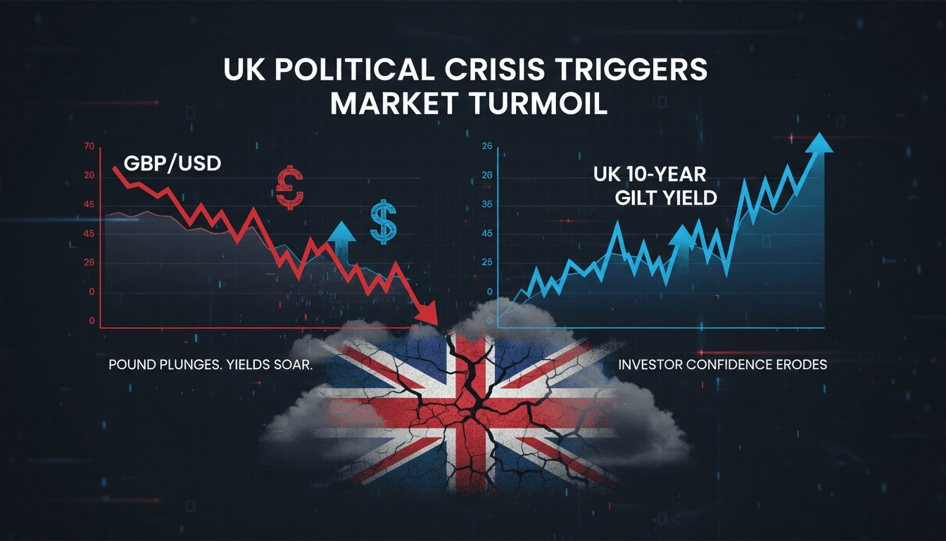 Graph showing the decline of the pound and rising bond yields amidst UK political turmoil.