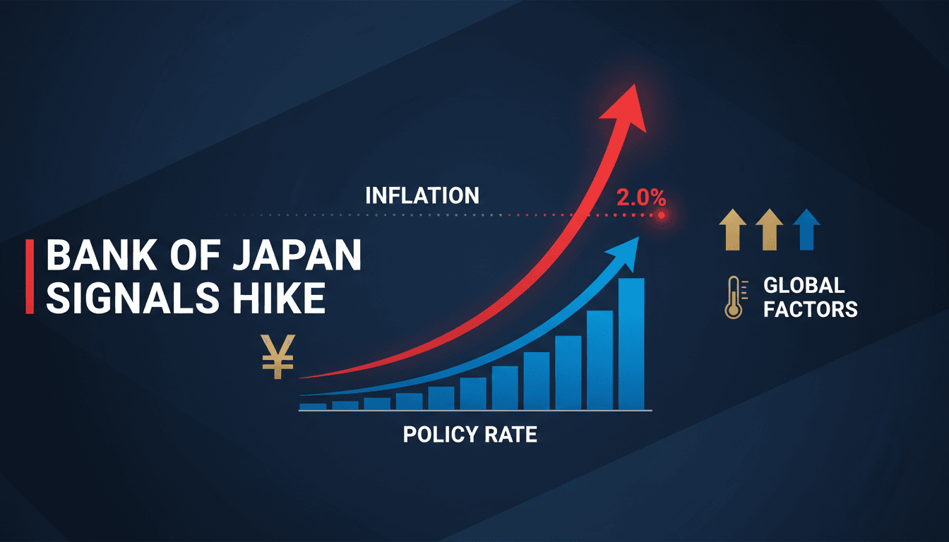 Bank of Japan building with financial graphs overlay