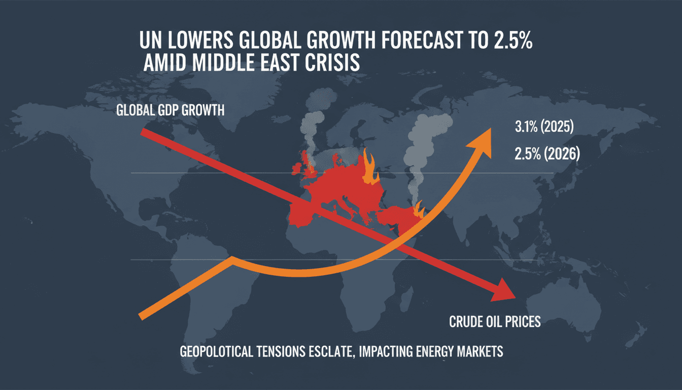Graph showing the decline in global GDP growth and rising oil prices due to geopolitical tensions.