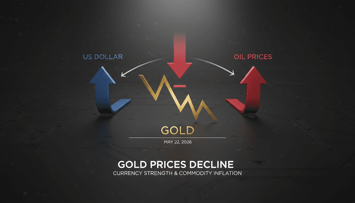 Gold bars with a backdrop of fluctuating currency and oil prices