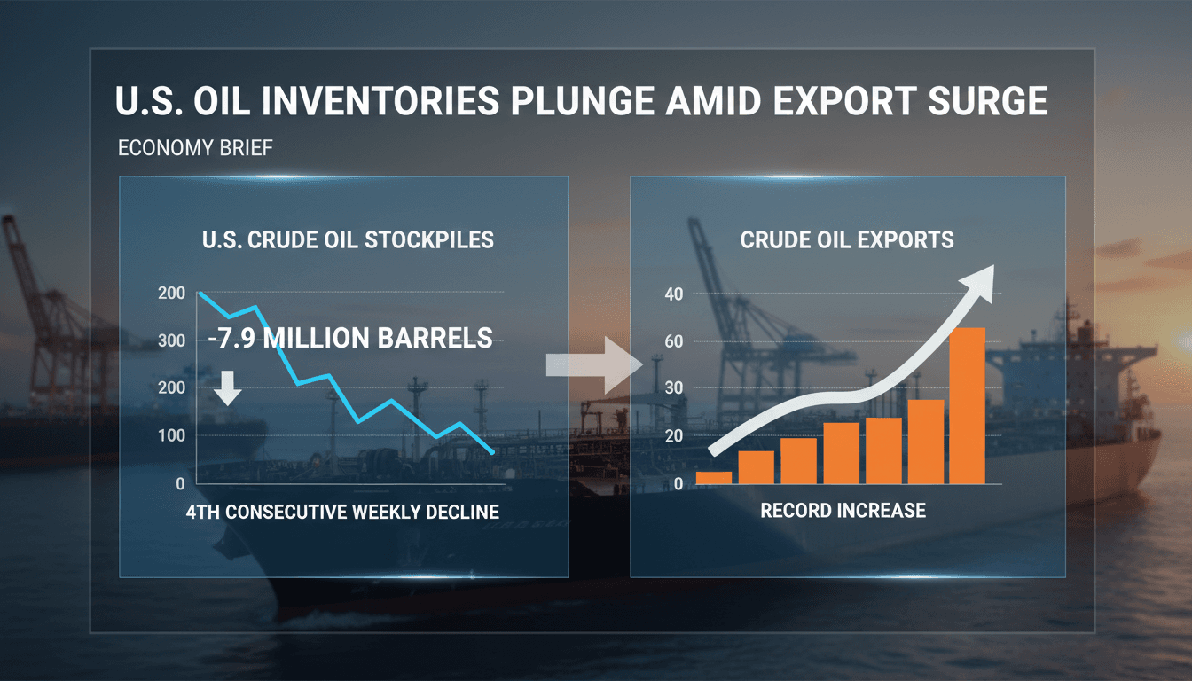Graph showing the decline in U.S. crude oil stockpiles and rising exports.
