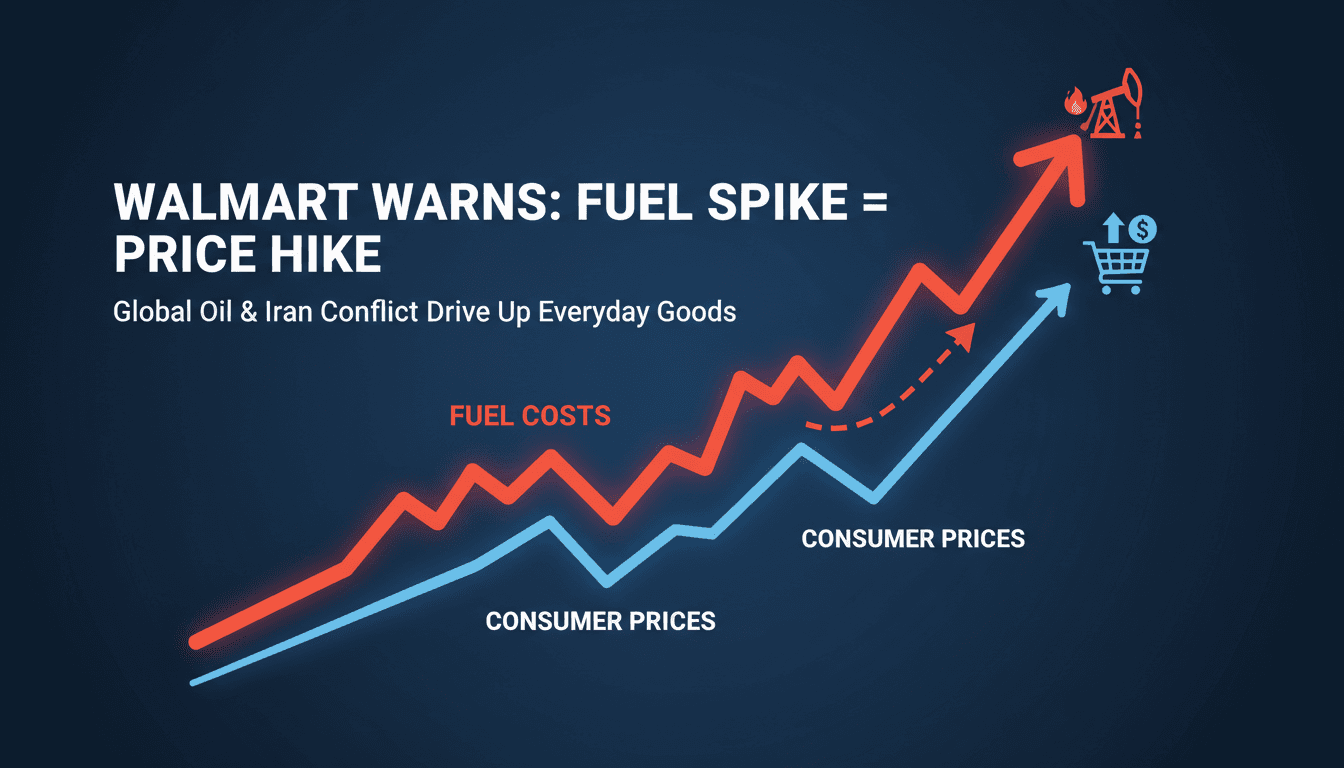 Walmart storefront with a sign indicating potential price increases due to fuel costs.