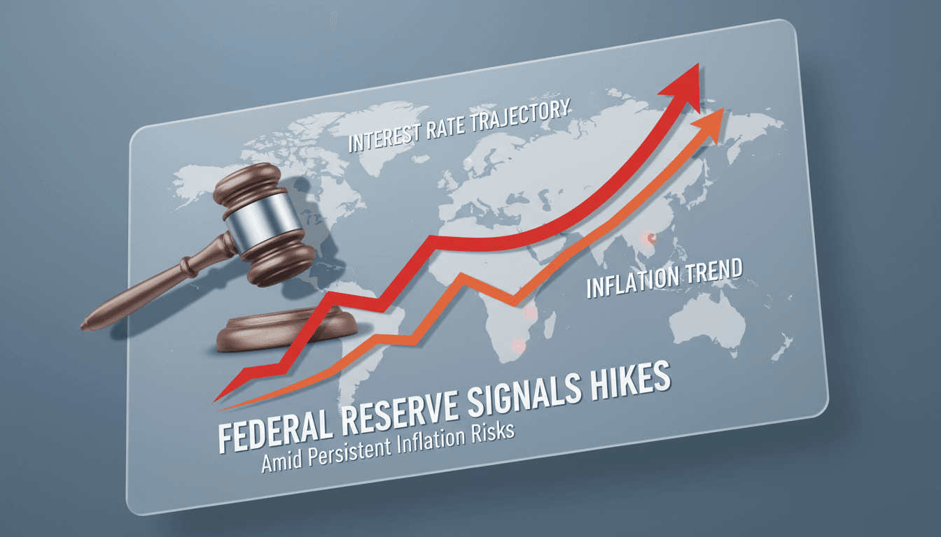 Federal Reserve building with financial graphs overlay depicting interest rate trends.