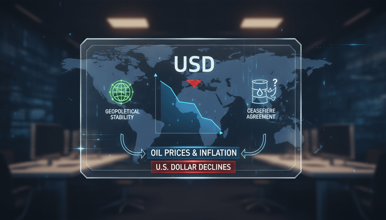 U.S. dollar symbol with a backdrop of geopolitical maps and oil prices
