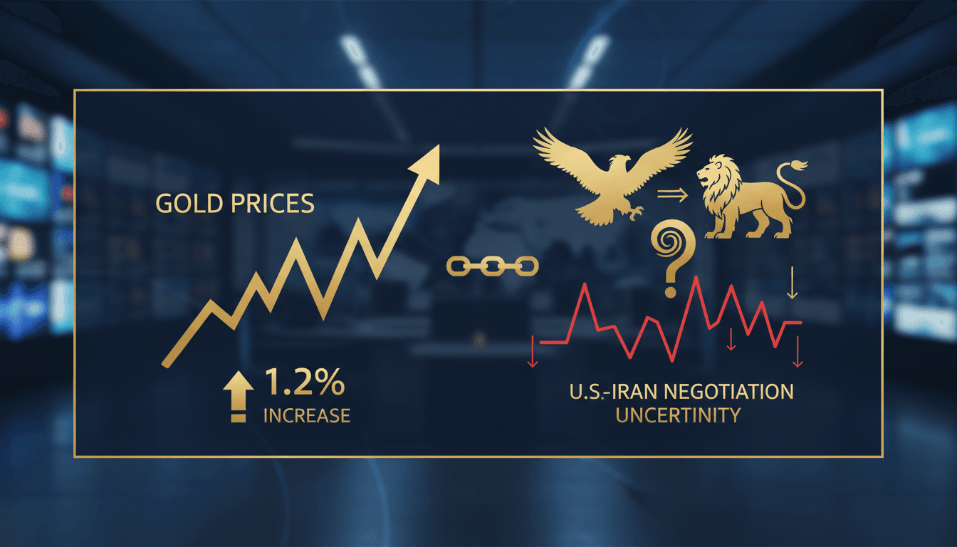 Gold bars with a backdrop of financial charts and U.S.-Iran flags.
