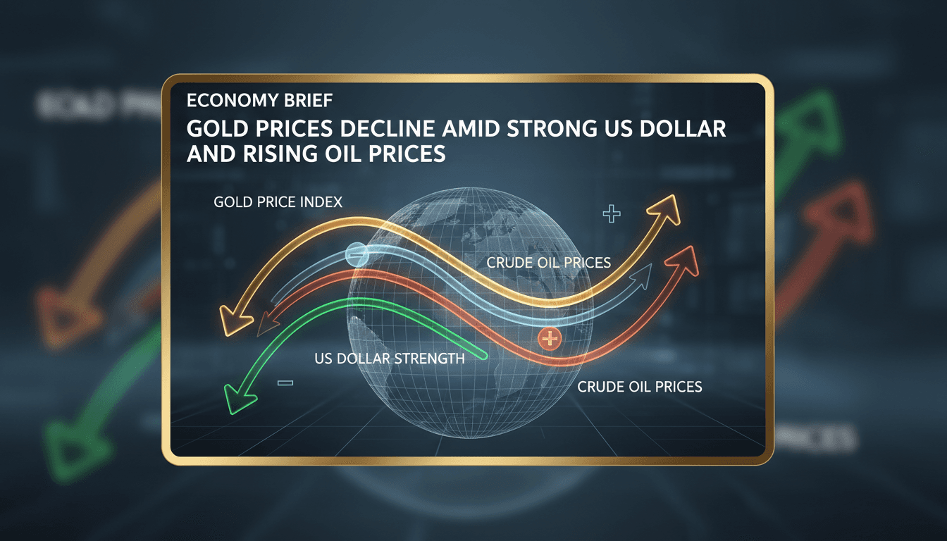 Graph showing the decline of gold prices in relation to the US dollar and oil prices.