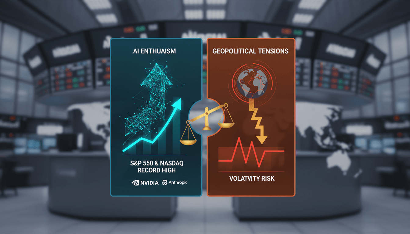U.S. stock market graph showing record highs and AI influence