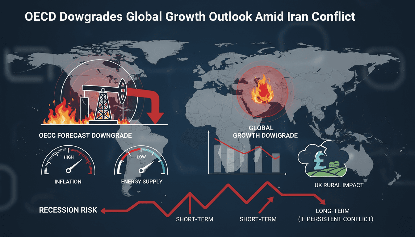 Infographic showing the impact of the Iran conflict on global economic growth and energy supplies.