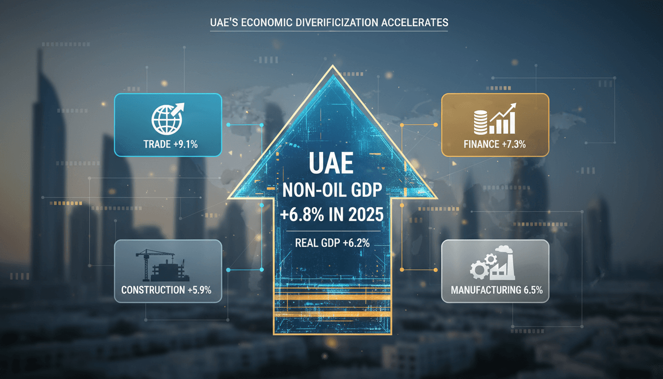 Infographic showing the growth of non-oil GDP in the UAE, highlighting key sectors and percentages.