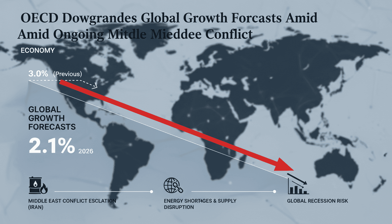 Graph showing OECD global growth forecast decline due to Middle East tensions