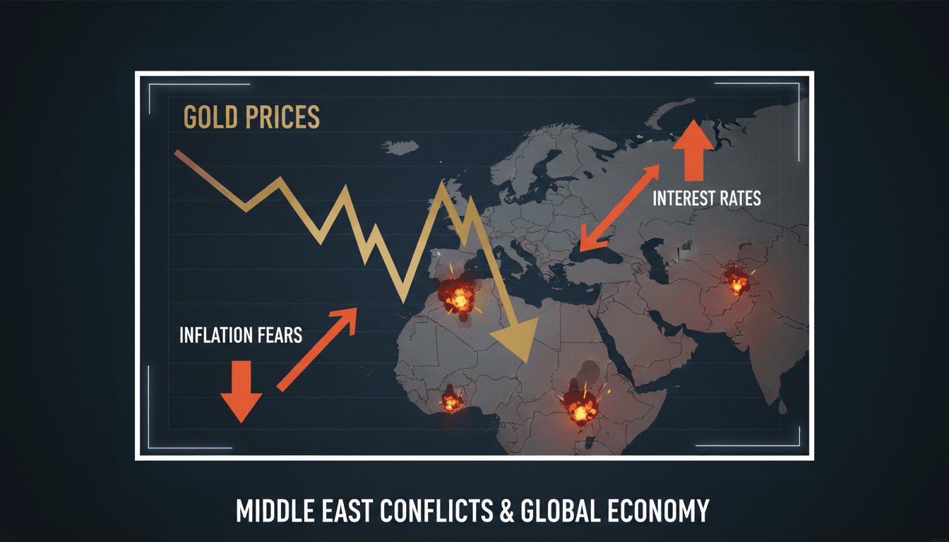 Gold bars with a backdrop of geopolitical tension in the Middle East