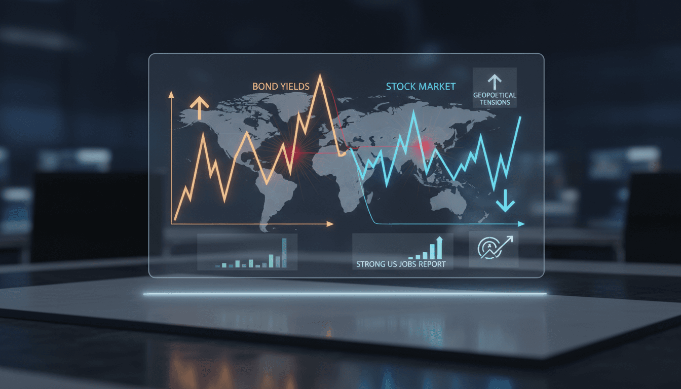 A graph showing the decline of global stock markets amid rising tensions and bond yields.