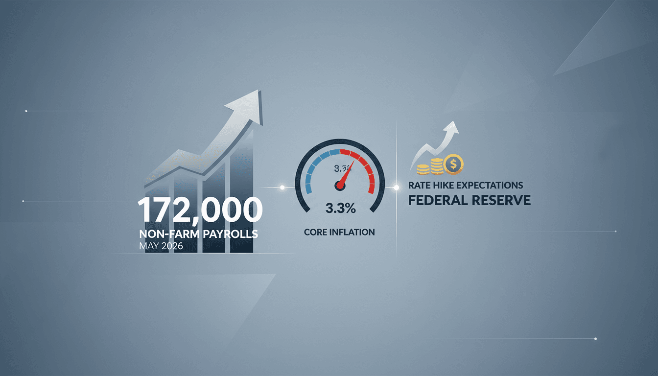 Infographic illustrating the U.S. jobs report with a 172,000 payroll increase and its impact on interest rates and inflation.