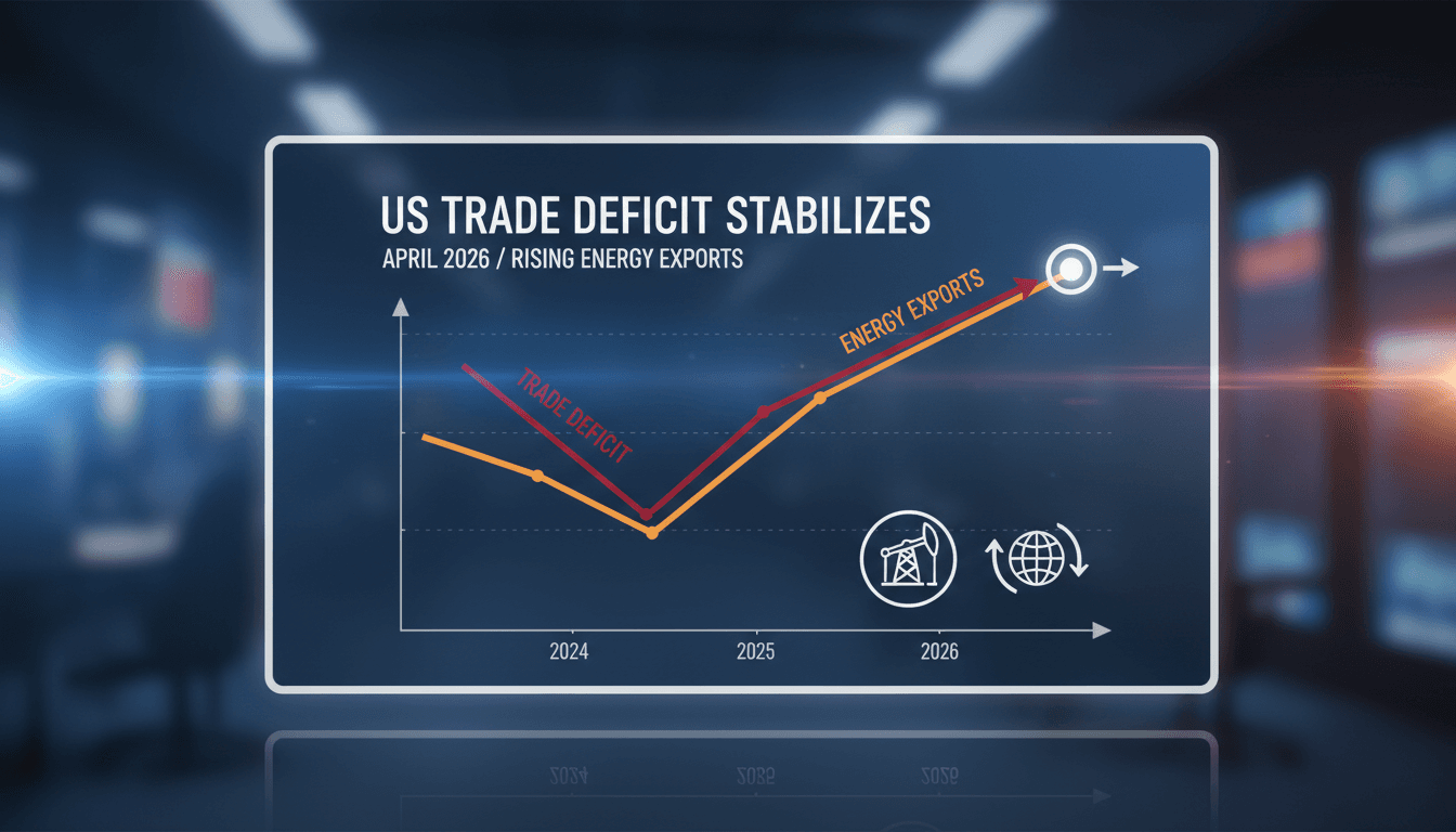 Graph showing the U.S. trade deficit and energy exports trends in April 2026.