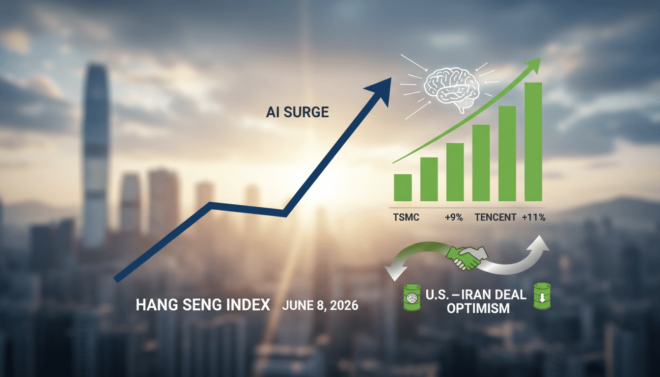 A graphic illustrating the rise of Asian stock markets influenced by optimism over U.S.–Iran relations and advancements in AI technology.