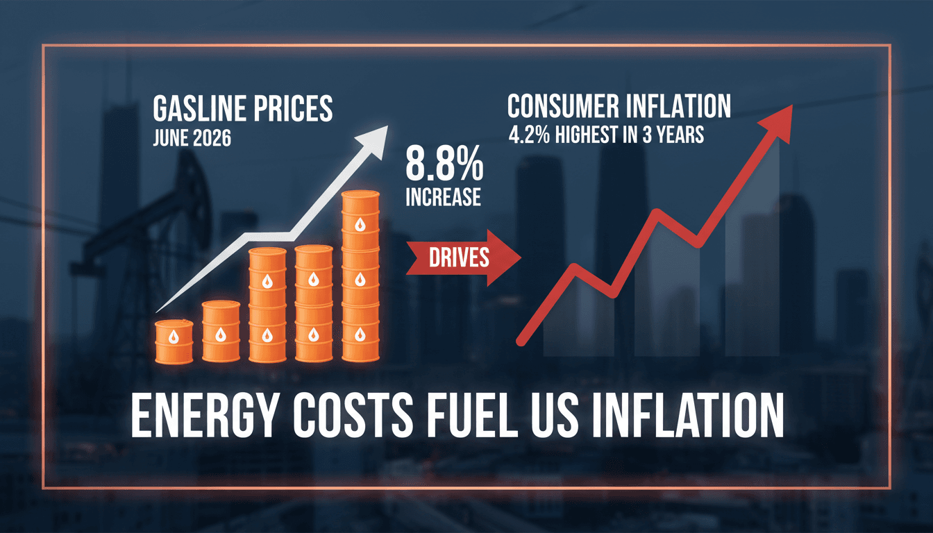 A graph showing the rise in US consumer inflation and gasoline prices in May 2026.