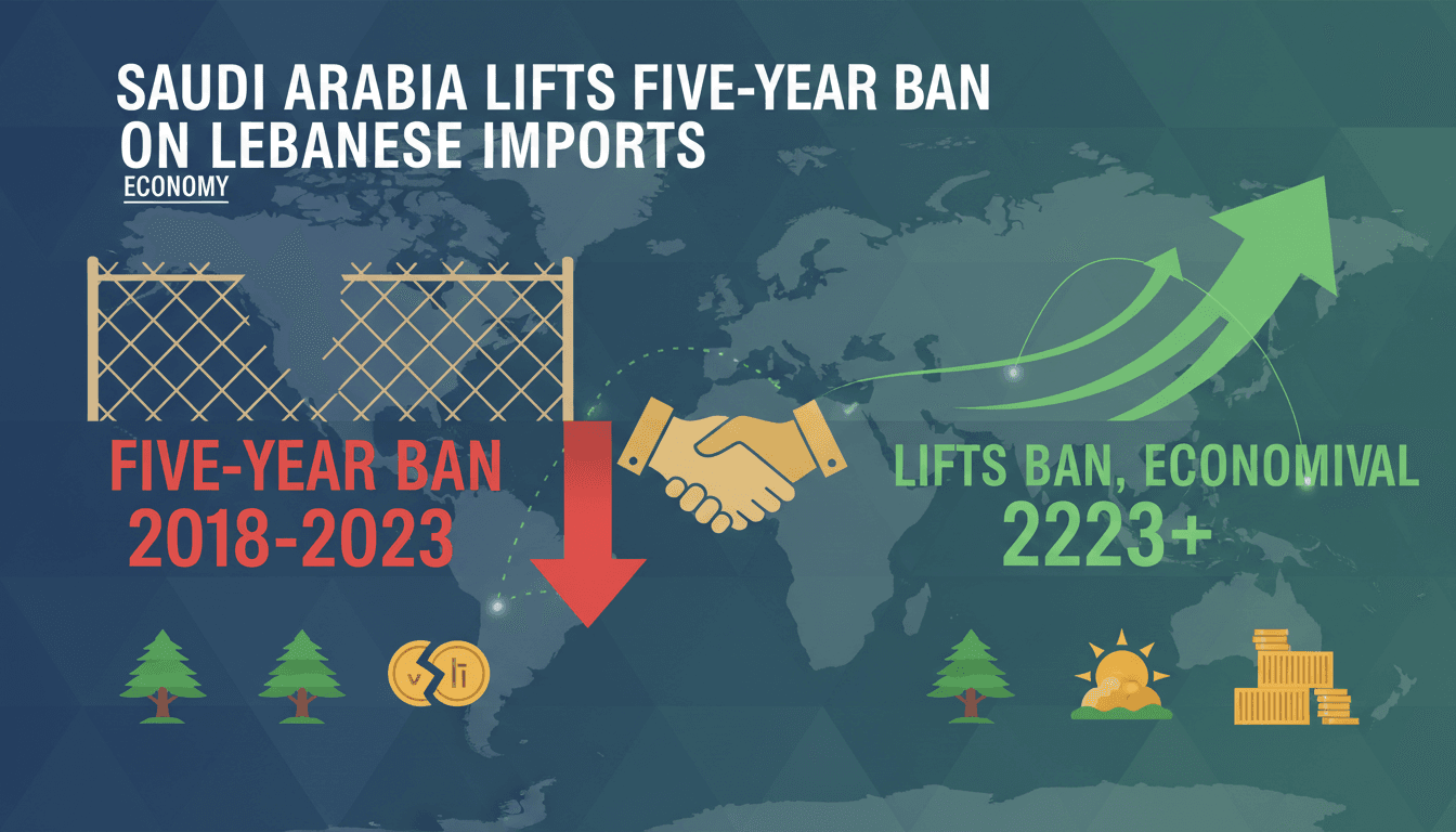 A graphic illustrating the lifting of the import ban on Lebanese goods by Saudi Arabia, highlighting economic recovery.