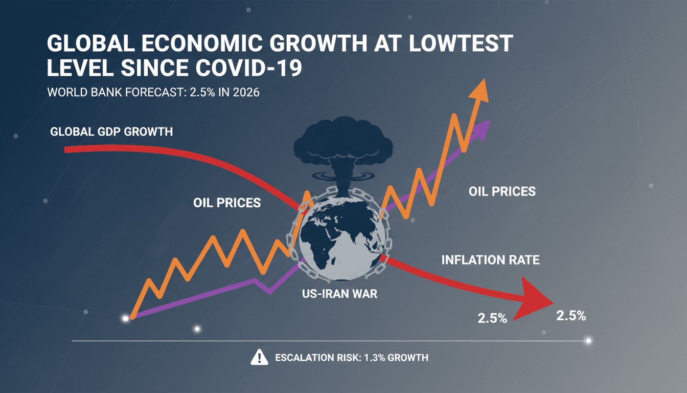 Infographic showing the impact of the US-Iran war on global economic growth and inflation trends.