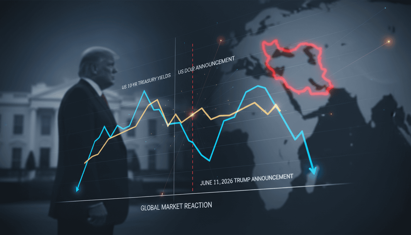 A chart showing the decline in U.S. Treasury yields and the dollar following Trump's announcement on Iran strikes.