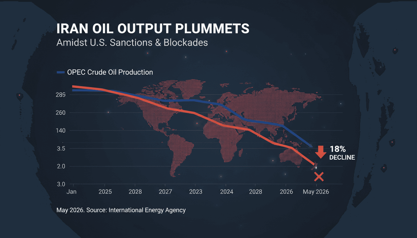 Graph showing Iran's crude oil production decline and OPEC output trends.