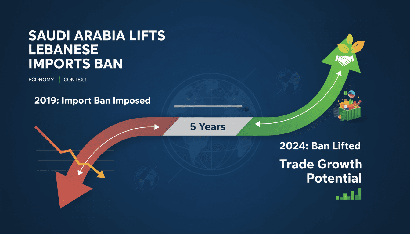 A graphic illustrating the lifting of the import ban between Lebanon and Saudi Arabia, highlighting trade opportunities.