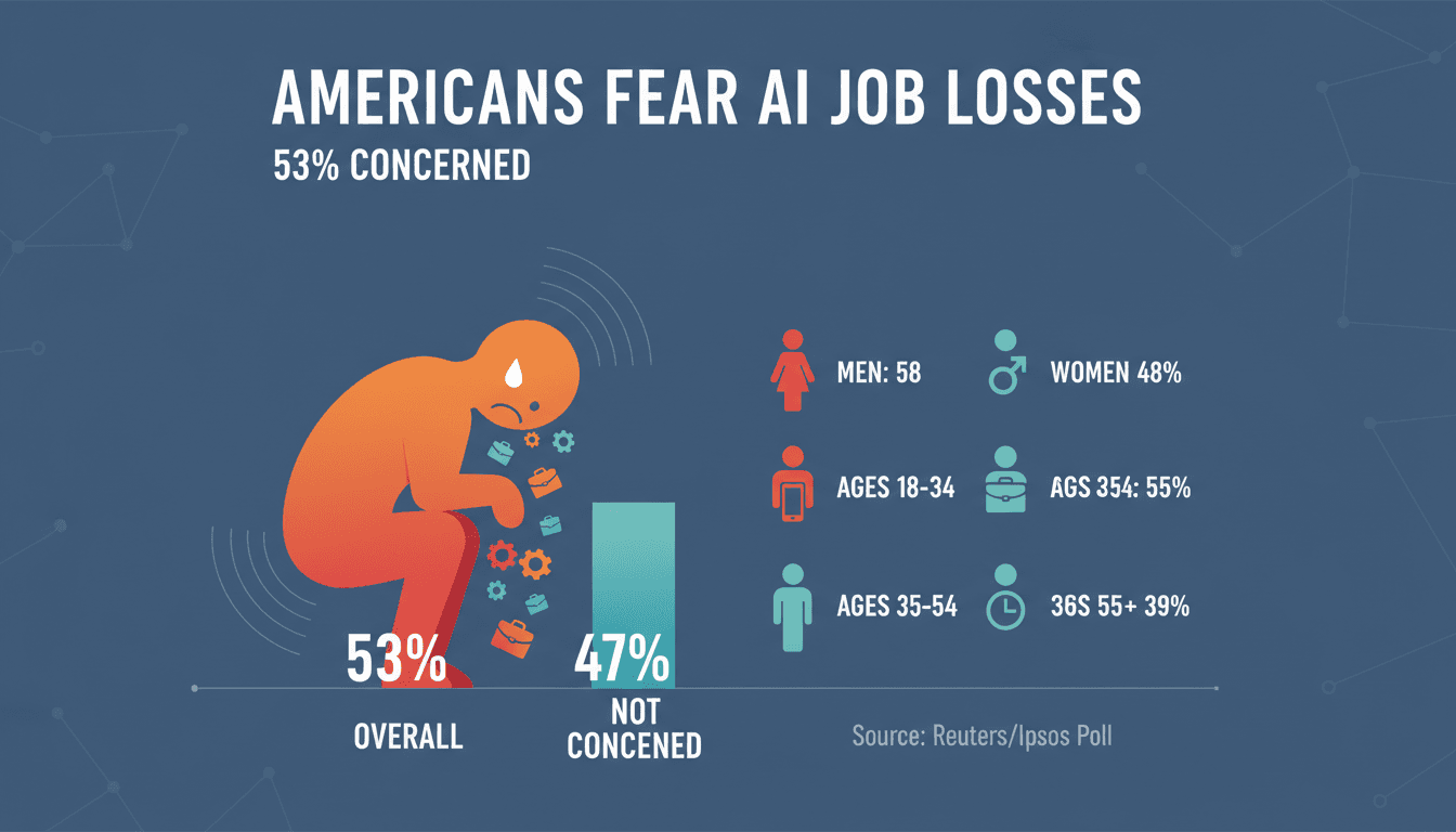 Infographic showing the percentage of Americans fearing job loss due to AI, highlighting demographic concerns.
