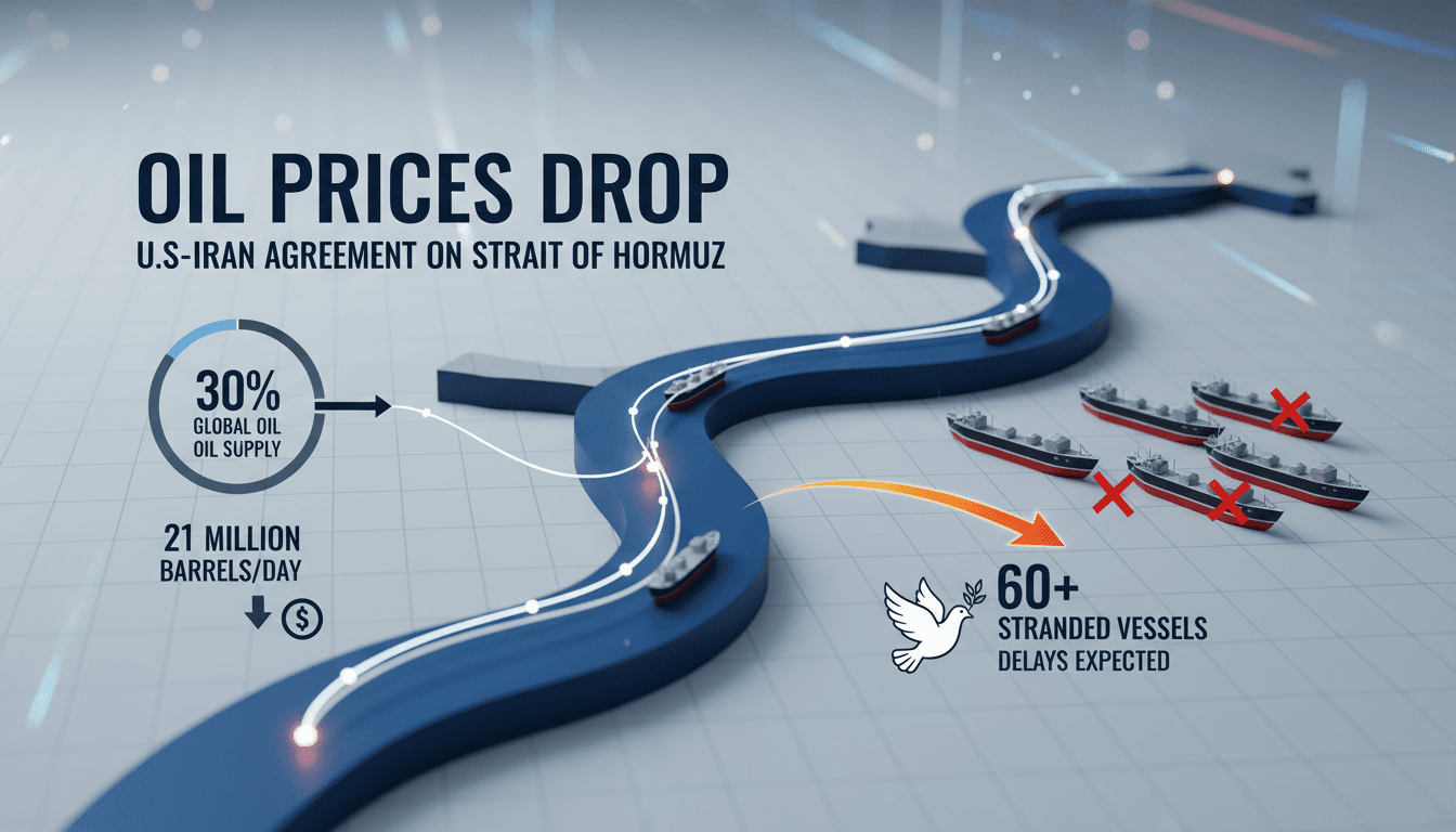 Infographic showing the Strait of Hormuz with oil flow statistics and stranded vessels.