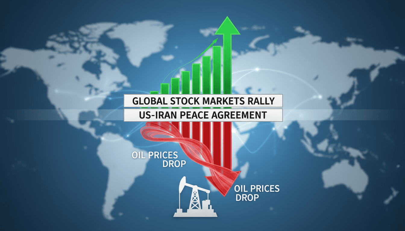A graphic illustrating the stock market surge and oil price drop following the US-Iran peace agreement.