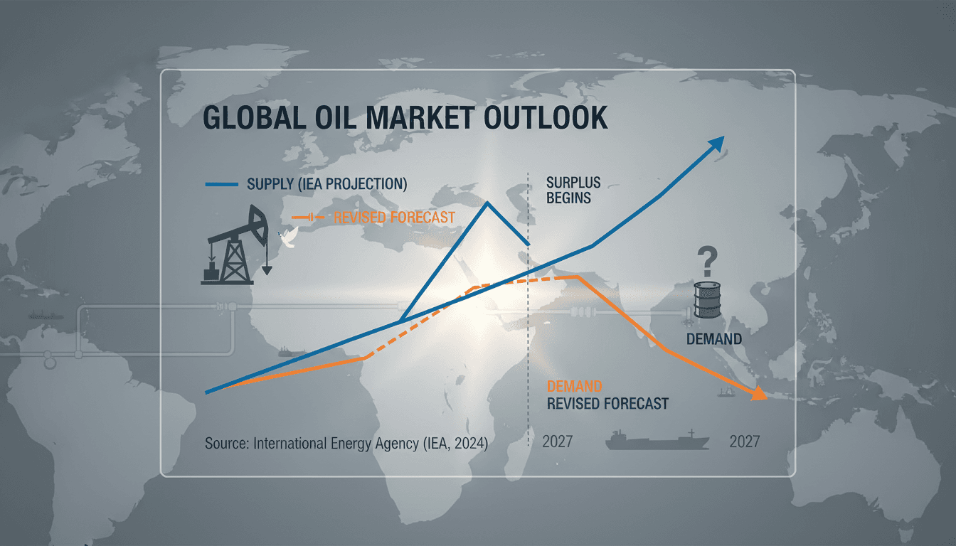 Graph showing IEA oil supply and demand projections through 2027