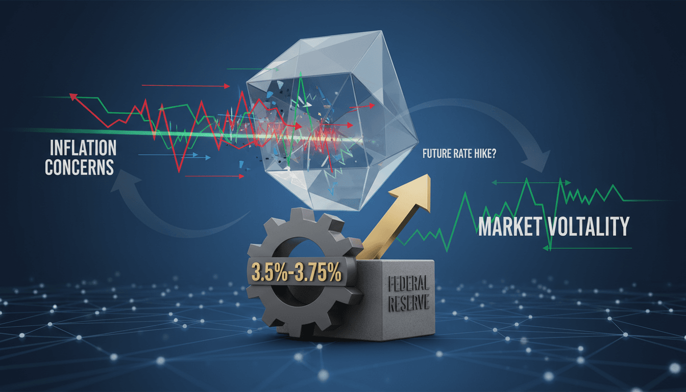 Federal Reserve building with interest rate announcement graphic