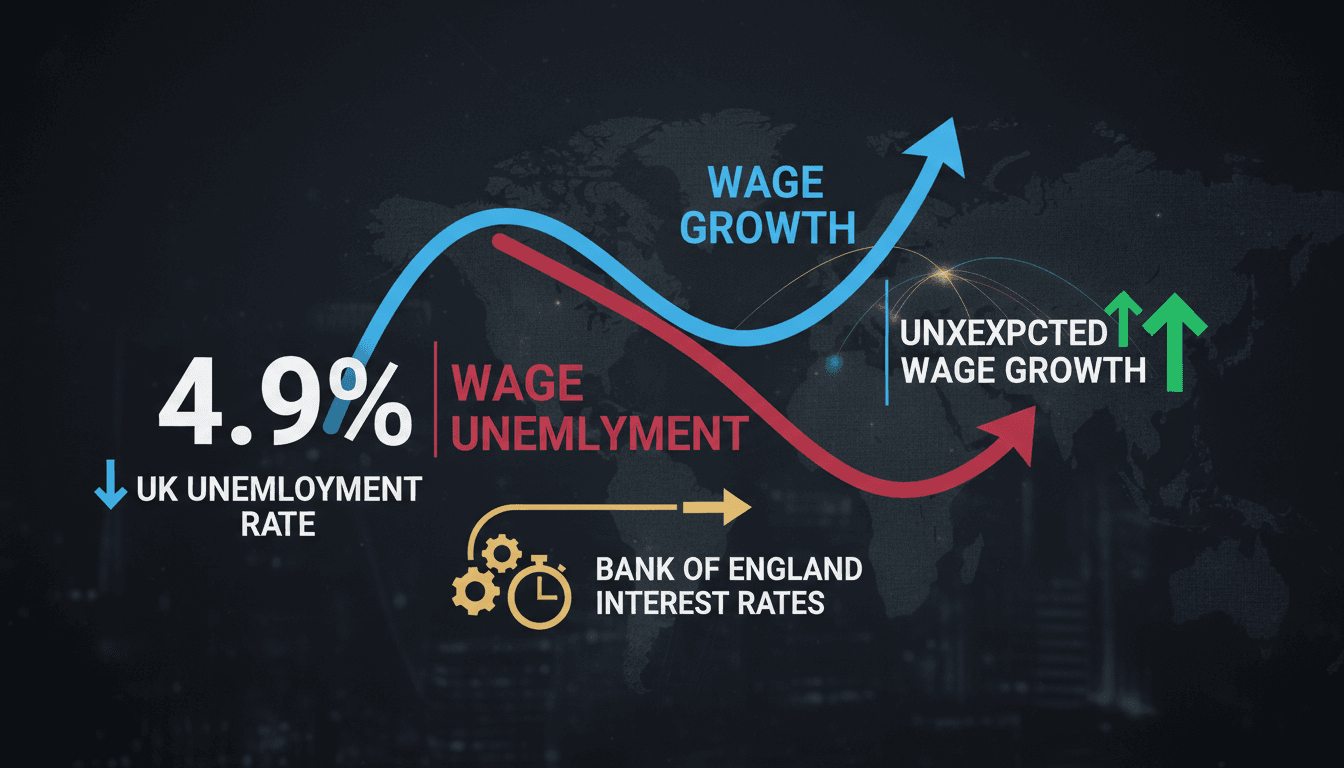 Graph showing UK unemployment rate decline and wage growth trends.