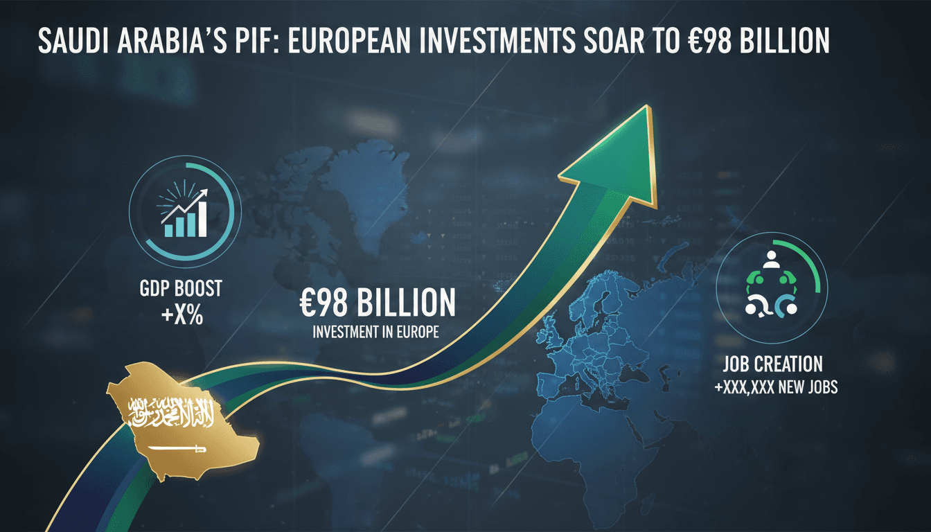 Infographic showing Saudi Arabia's PIF investments in Europe and their economic impact.