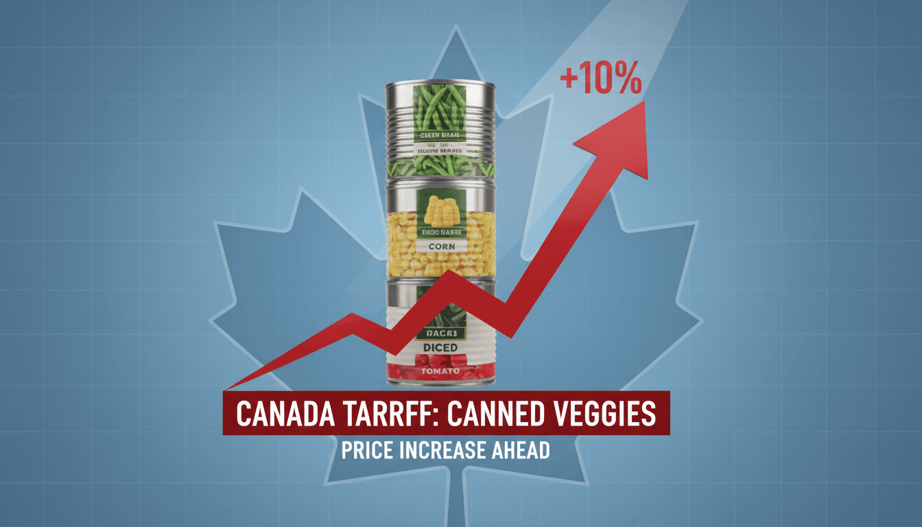 Canned vegetables on a grocery store shelf with a price tag.