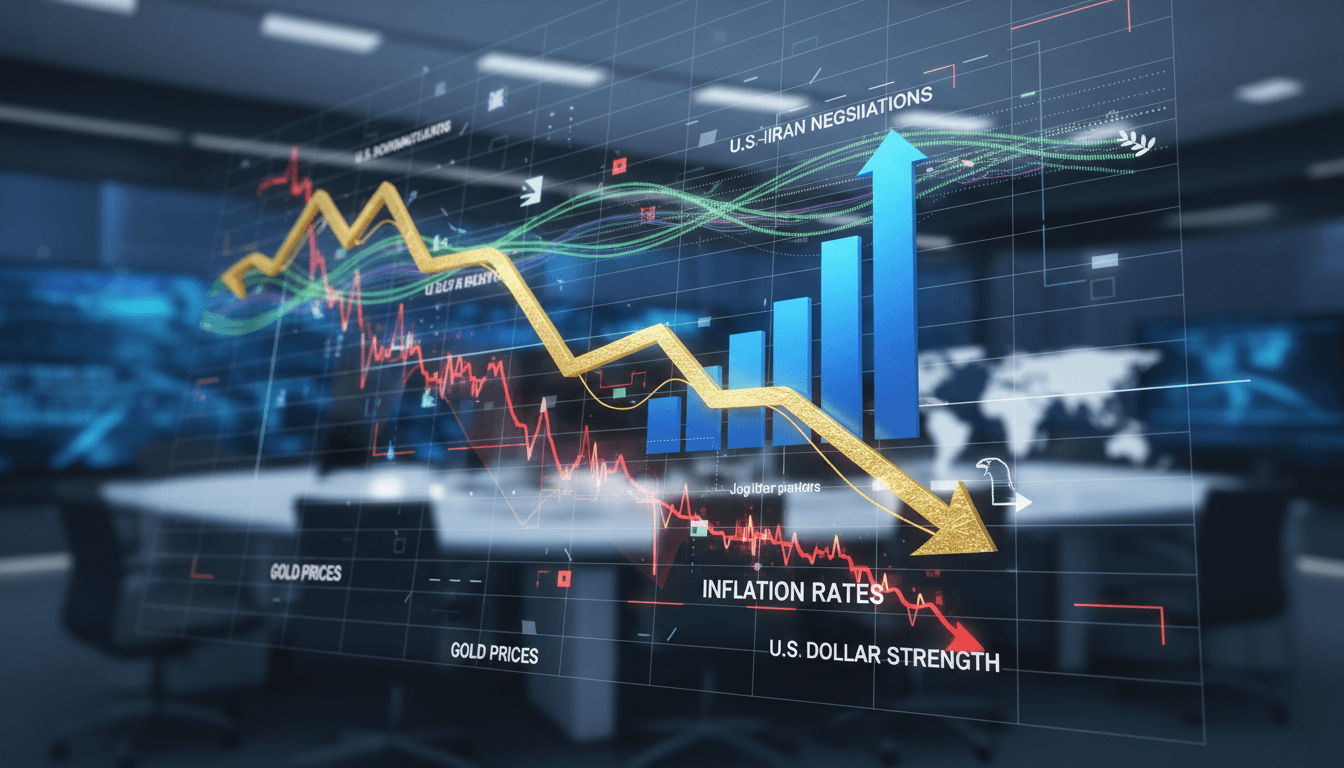 Gold bars with a backdrop of fluctuating financial graphs