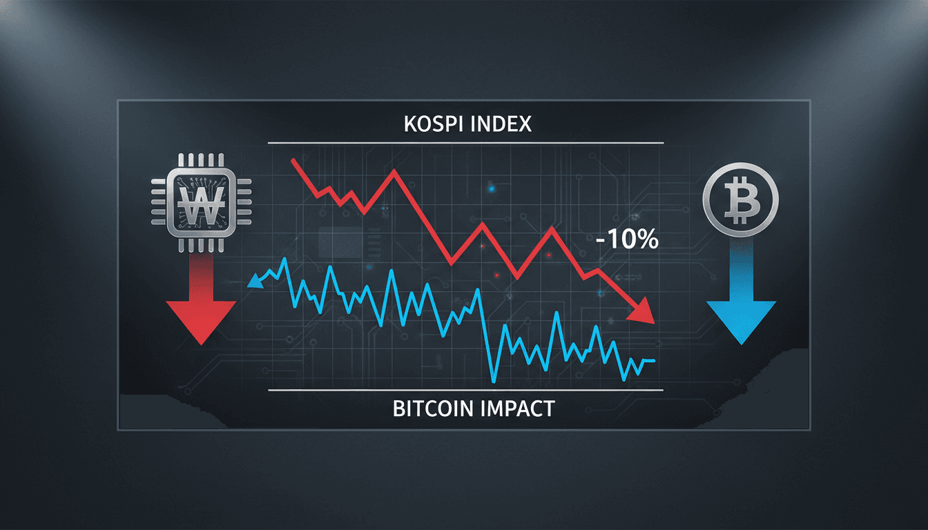 Graph showing the decline of the KOSPI index and Bitcoin prices.