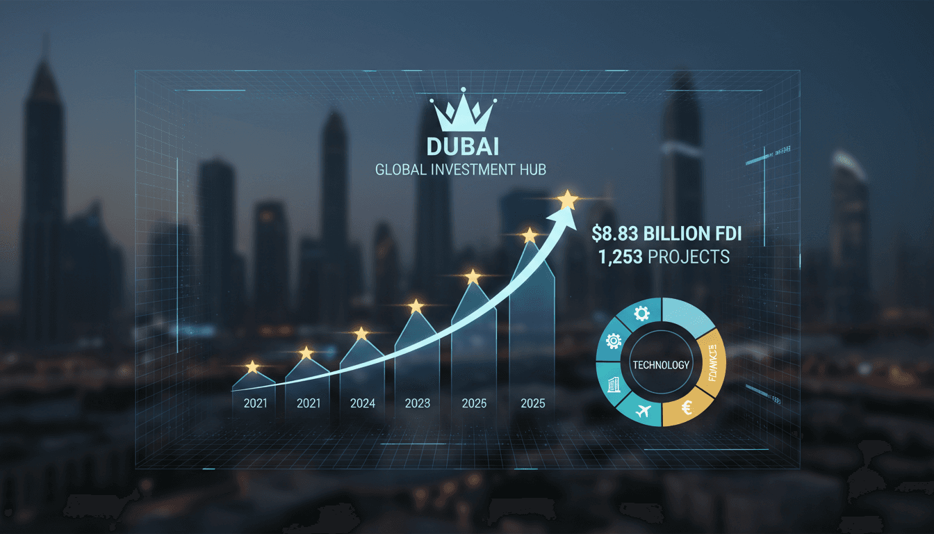 Dubai skyline with financial growth indicators