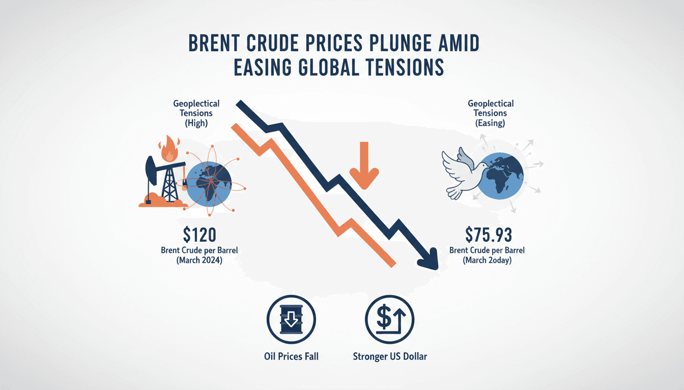 Brent crude prices fall to lowest levels since March amid easing geopolitical tensions