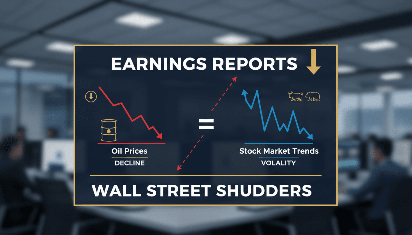 Wall Street trading floor with fluctuating stock prices and oil price charts.