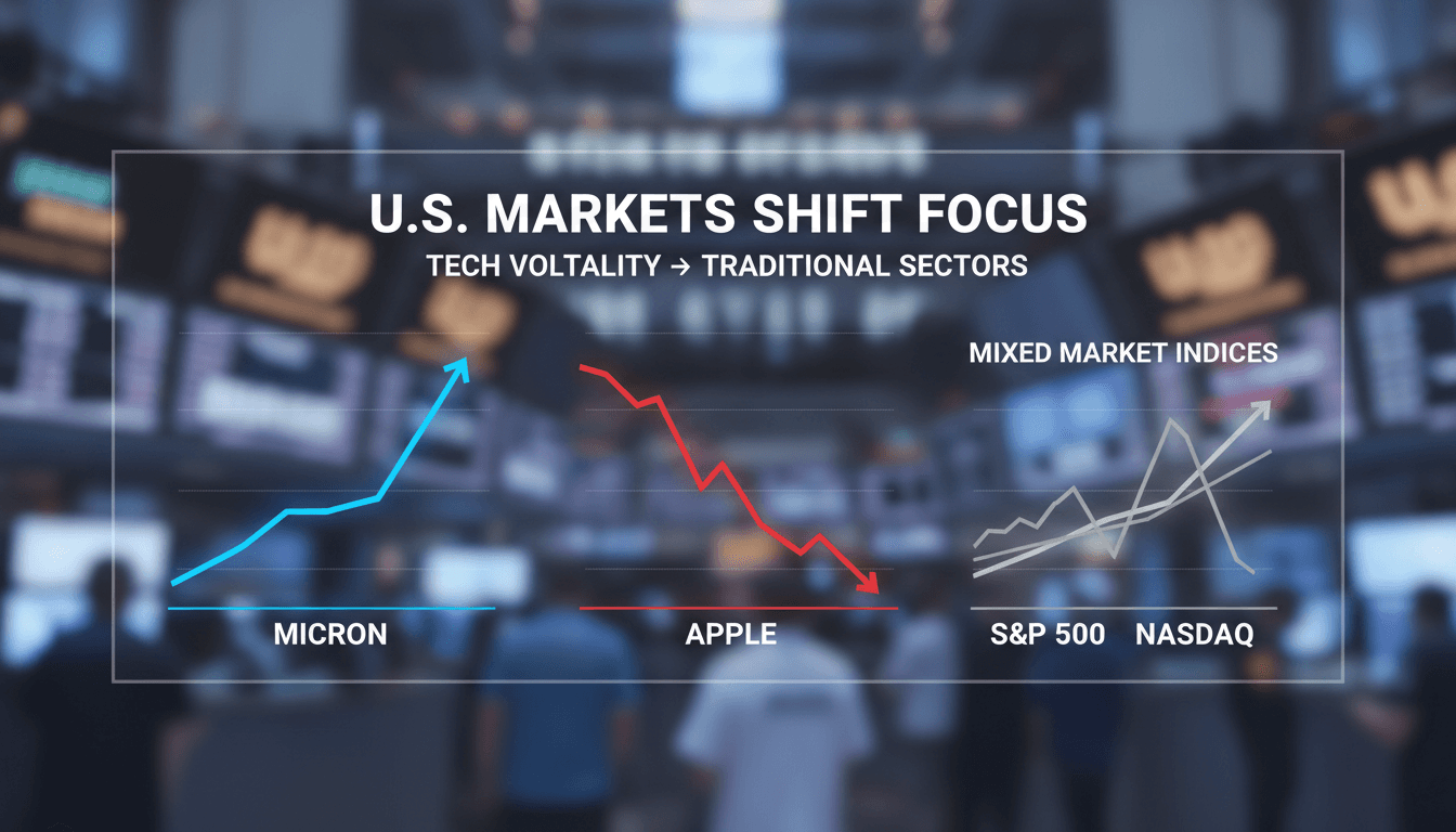 A visual representation of U.S. stock market performance with Micron and Apple highlights.