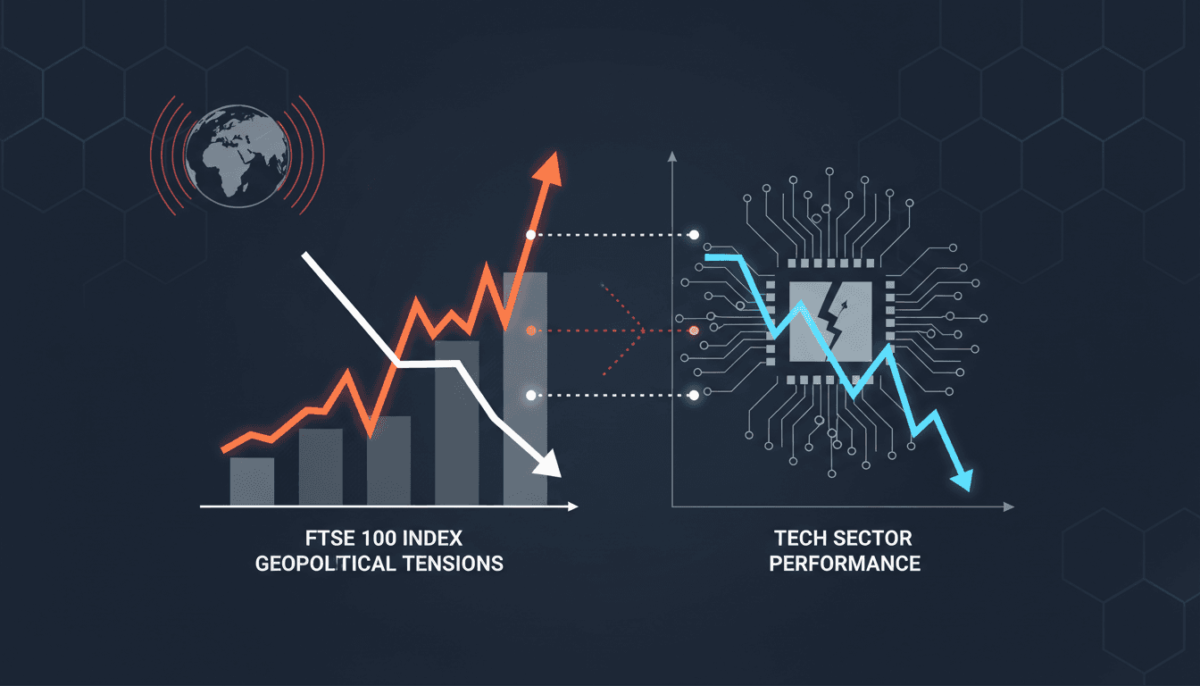 FTSE 100 index decline graphic illustrating market trends and geopolitical impacts.