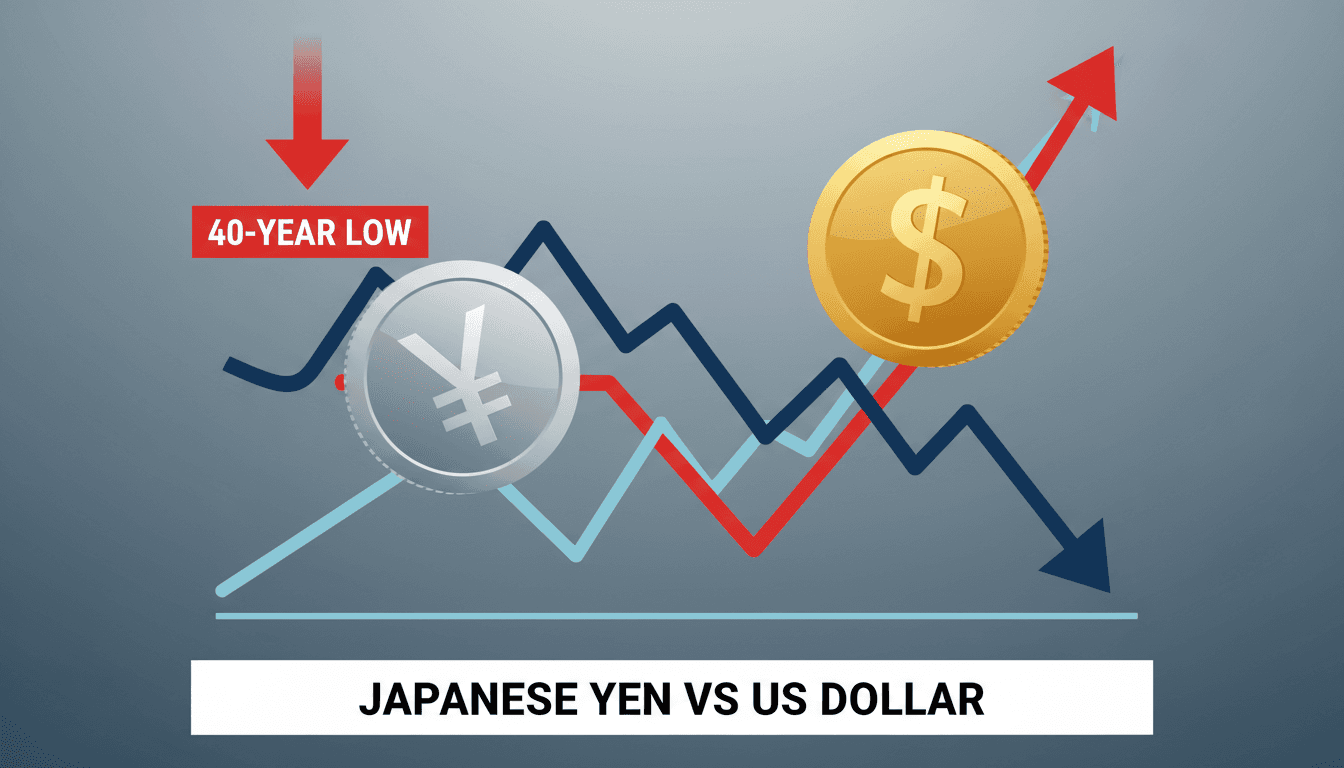 Graph showing the decline of the Japanese yen against the US dollar over 40 years.