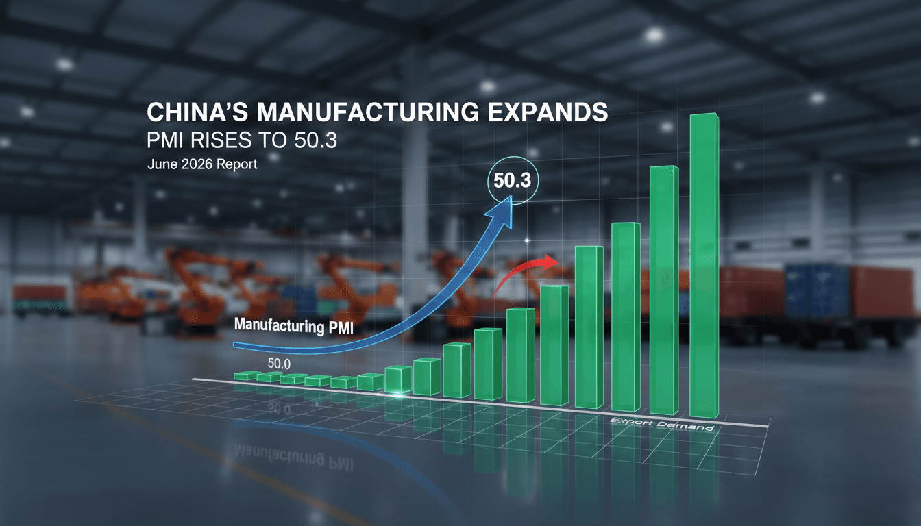 Graph showing China's manufacturing PMI increase and export trends.