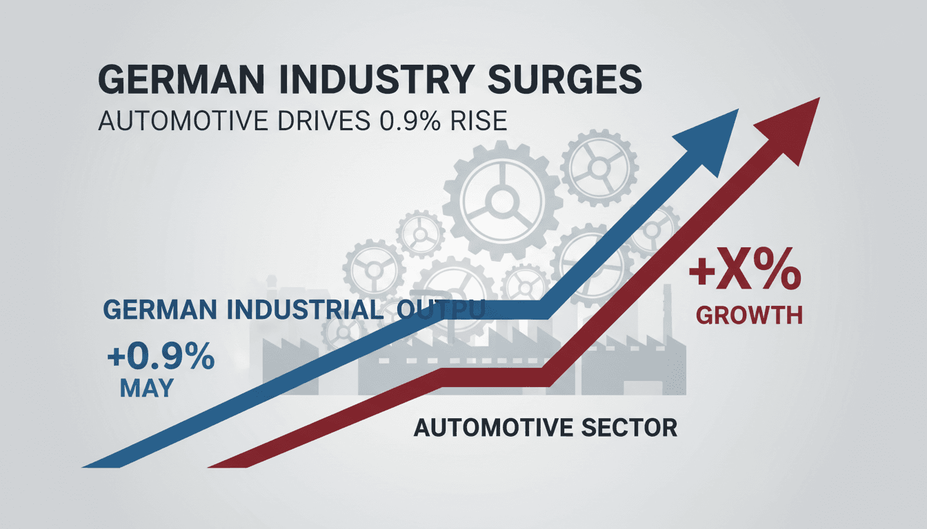 Graph showing the rise in German industrial output and automotive sector growth in May 2026.