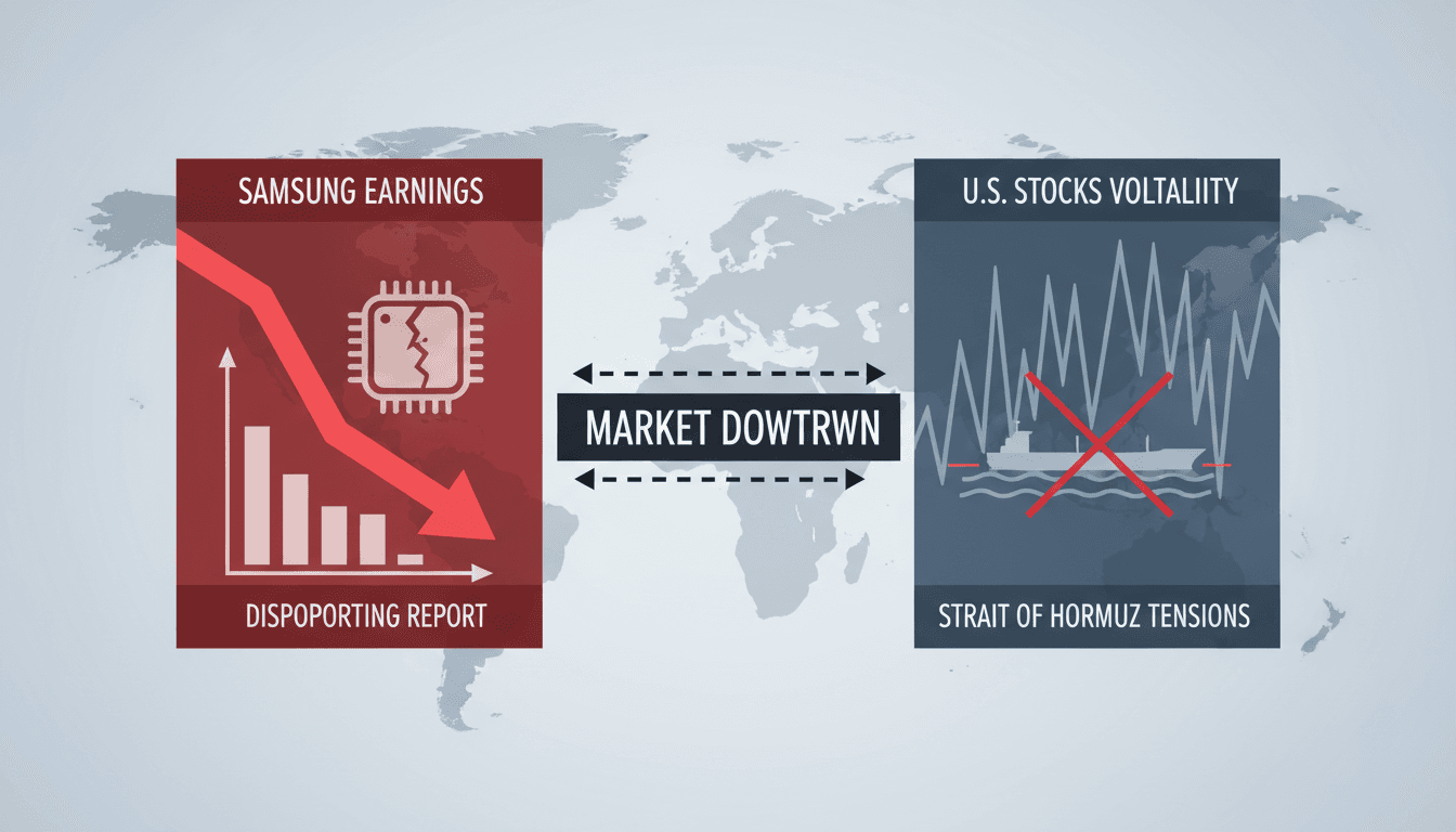 U.S. stock market decline with Samsung earnings report and geopolitical tensions in the background.