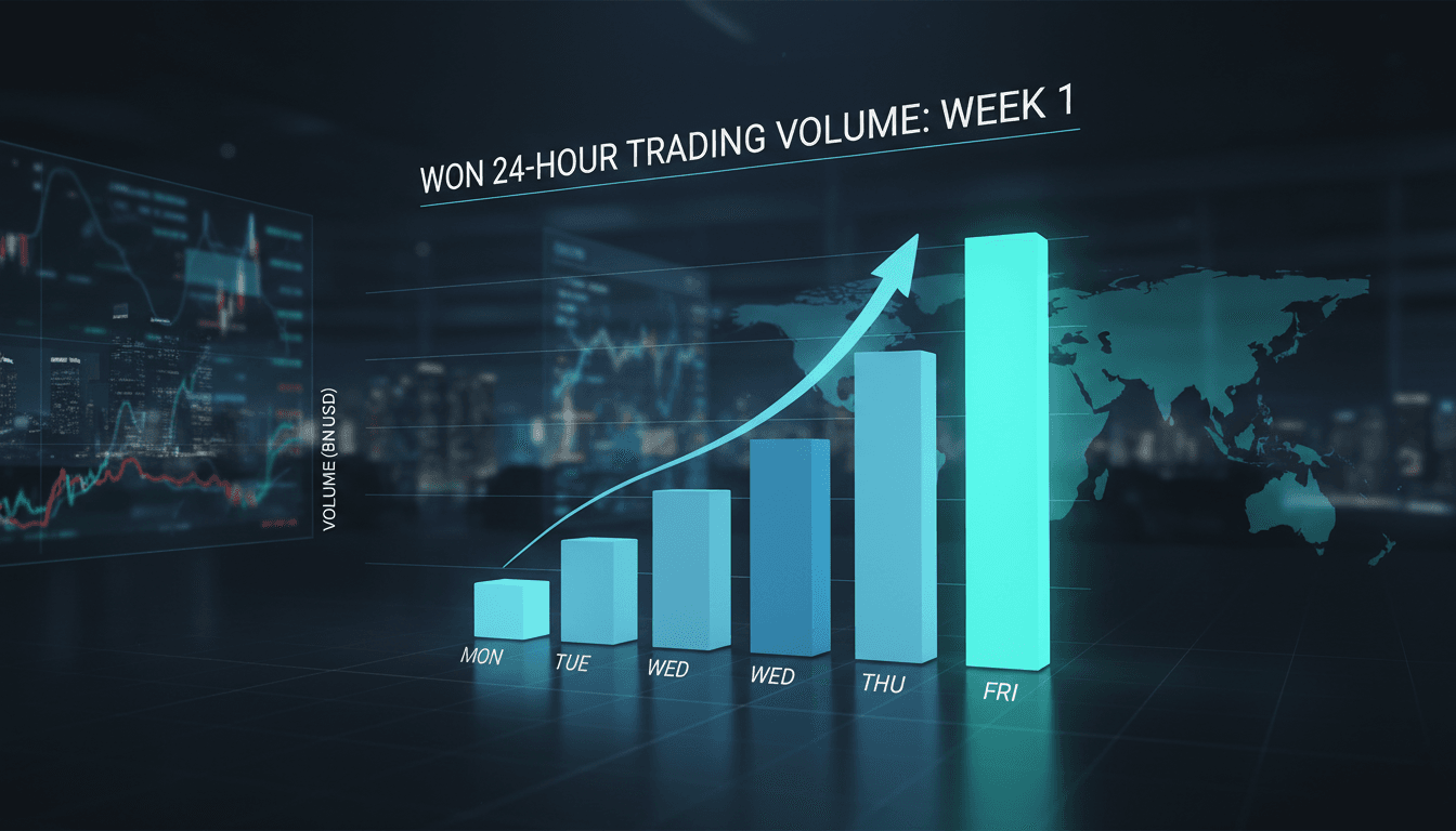South Korean currency trading graphic showcasing 24-hour trading initiative.